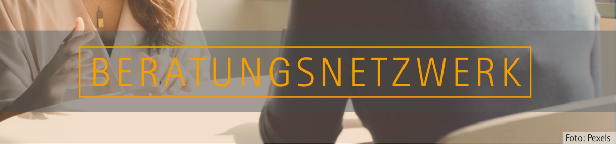 Zwei Personen im Gespräch. Ihre Gesichter sind nicht erkennlich. Im Vordergrund der Text "Beratungsnetzwerk"