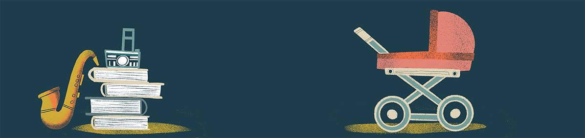 Illustriert vor dunkelblauem Hintergrund rechts ein Kinderwagen, links ein Saxophon neben einem Stapel Büchern